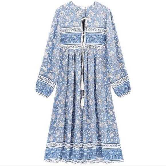 R. Vioimos Women’s Blue Floral Bohemian Long-Sleeve Midi Dress with Tassel – XS - Picture 1 of 6